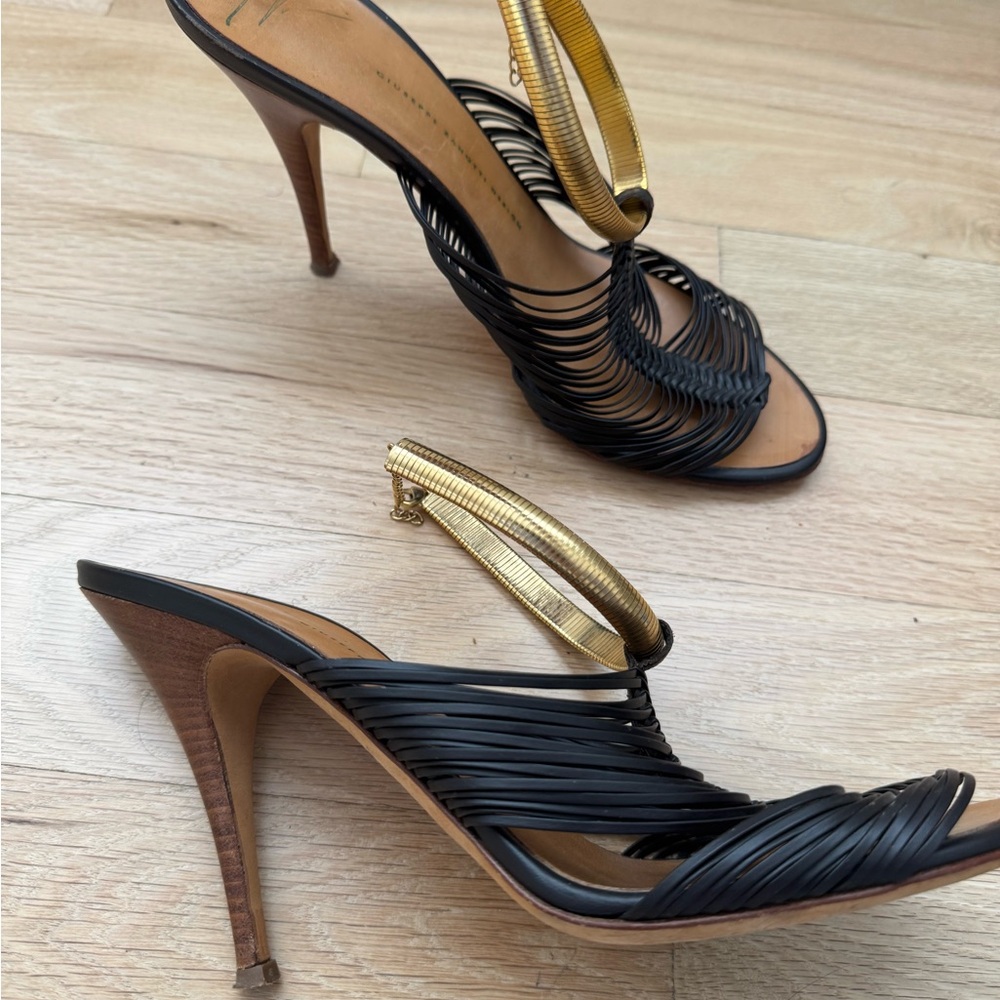 Giuseppe Zanotti Black Leather Strappy Mules with Gold Ankle Cuffs